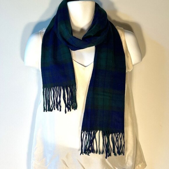 Cashmaire Italian Navy & Green Tartan Plaid Scarf  parisian old money academia - Picture 5 of 6